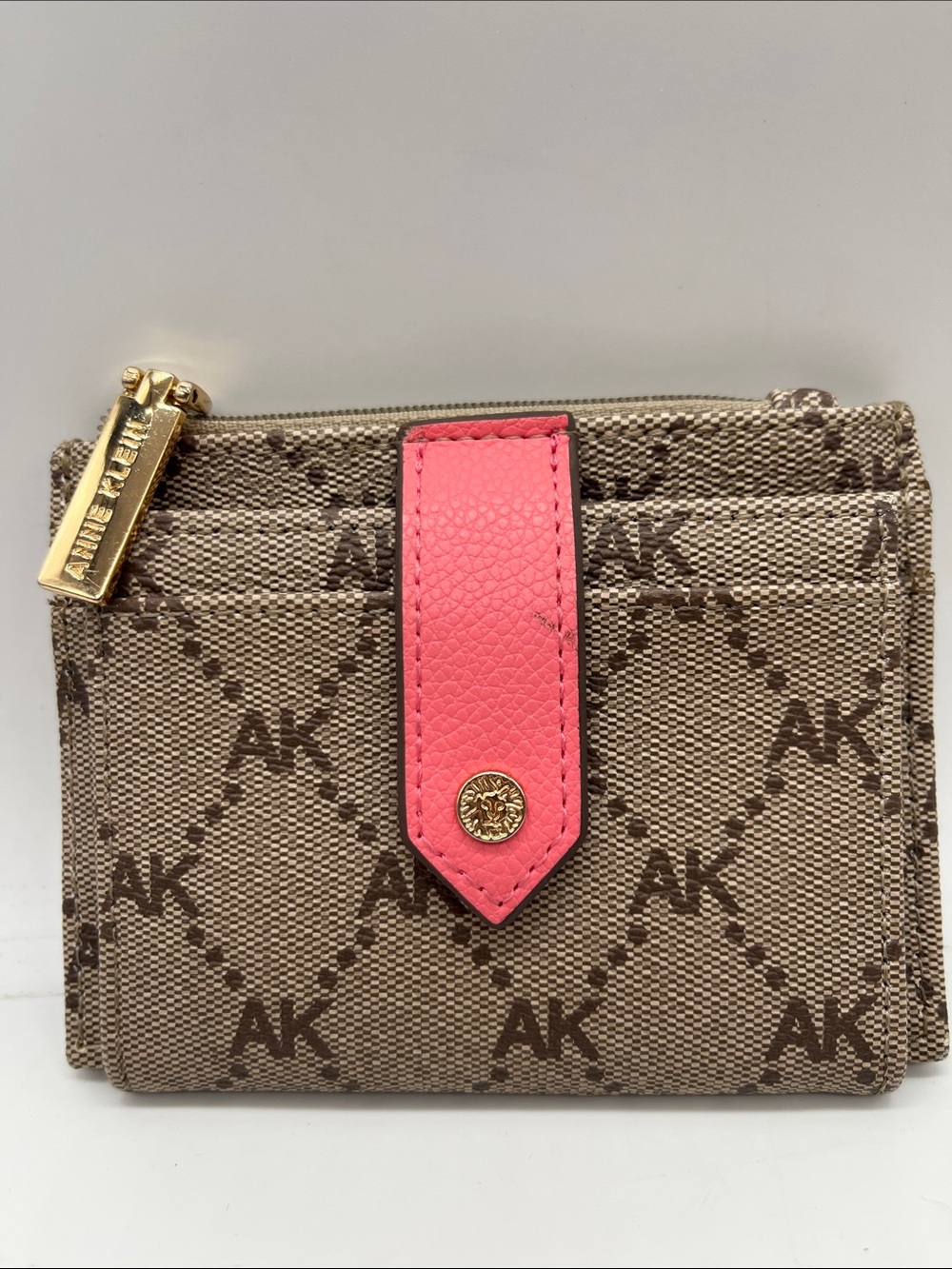 Anne Klein credit card ID cash mini wallet logo brown tan exterior pink closure